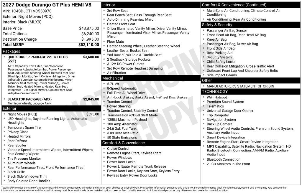 2027 Dodge Durango DURANGO GT HEMI V8 PLUS AWD