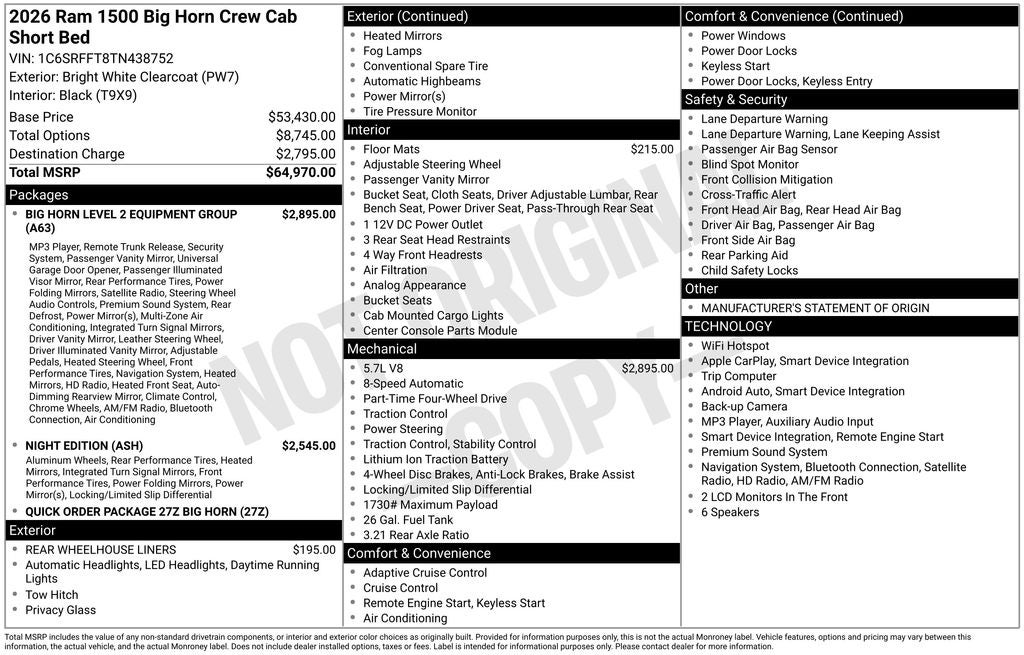 2026 RAM 1500 RAM 1500 BIG HORN CREW CAB 4X4 5'7' BOX